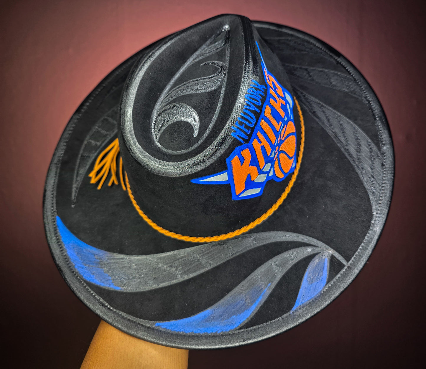 Burned/Painted New York Knicks Wide Brim Fedora