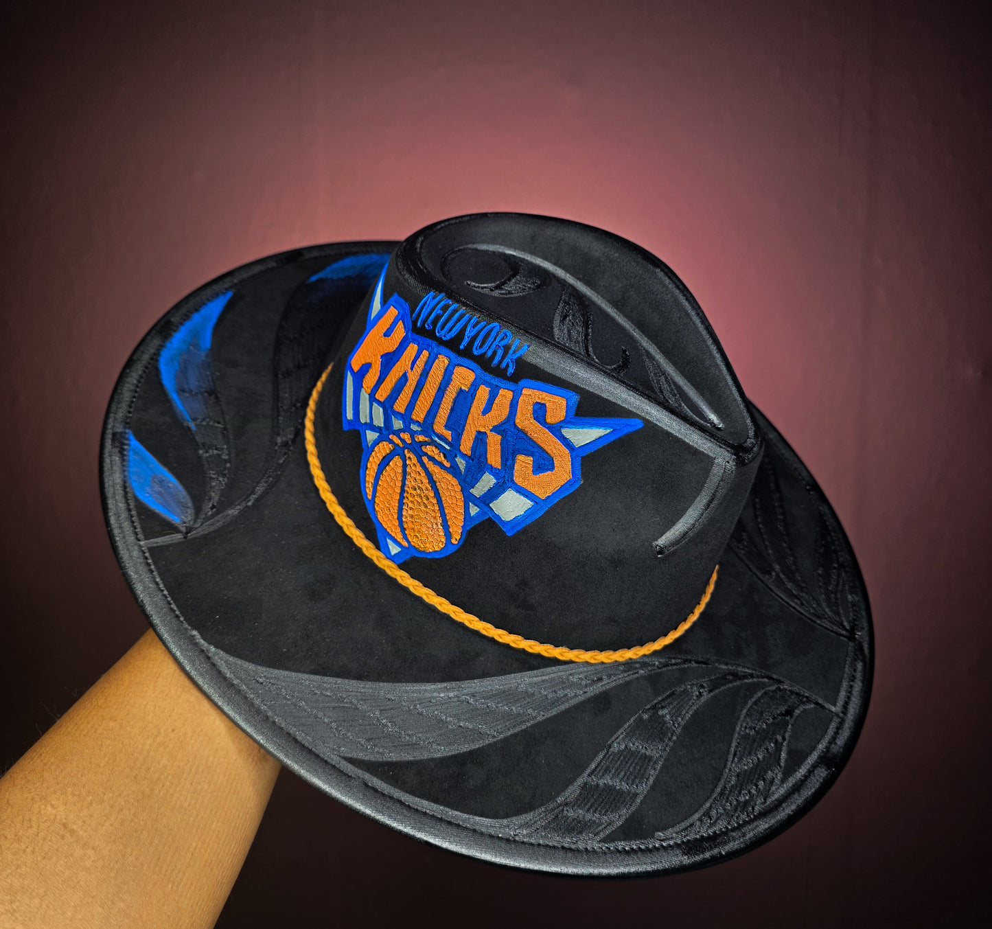 Burned/Painted New York Knicks Wide Brim Fedora